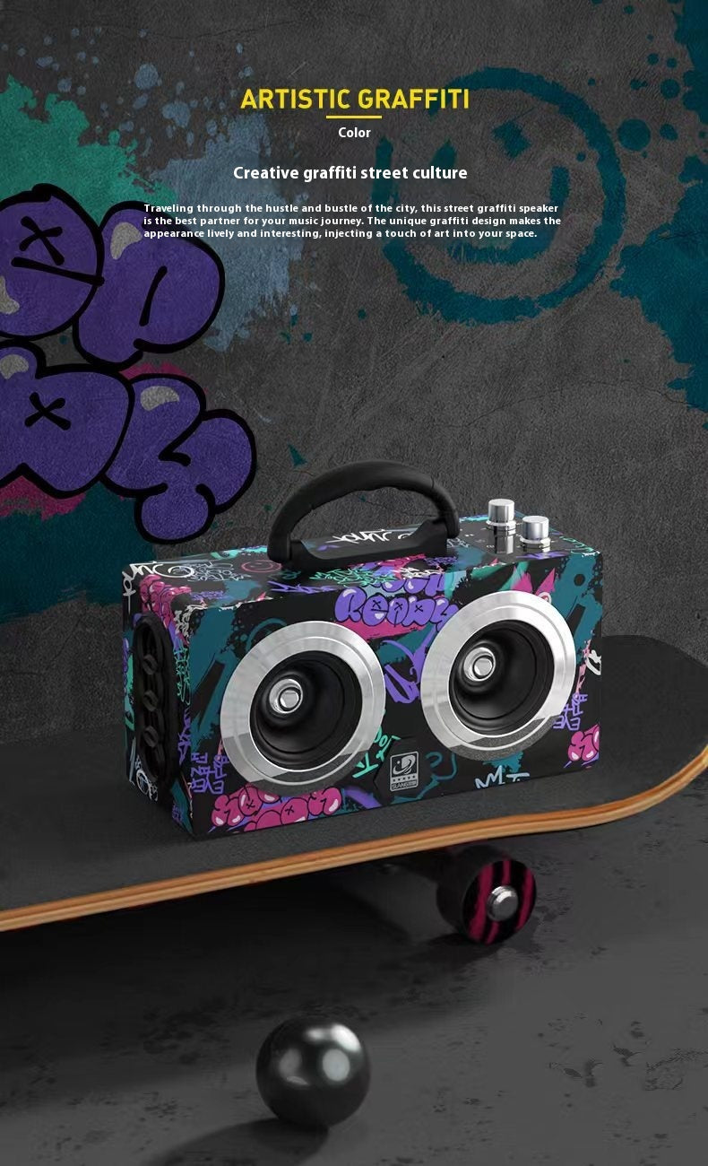 Bluetooth Speaker Outdoor Portable Retro Wooden Handheld Speaker for Phone Computer Square Dance Graffiti Heavy Bass Cannon