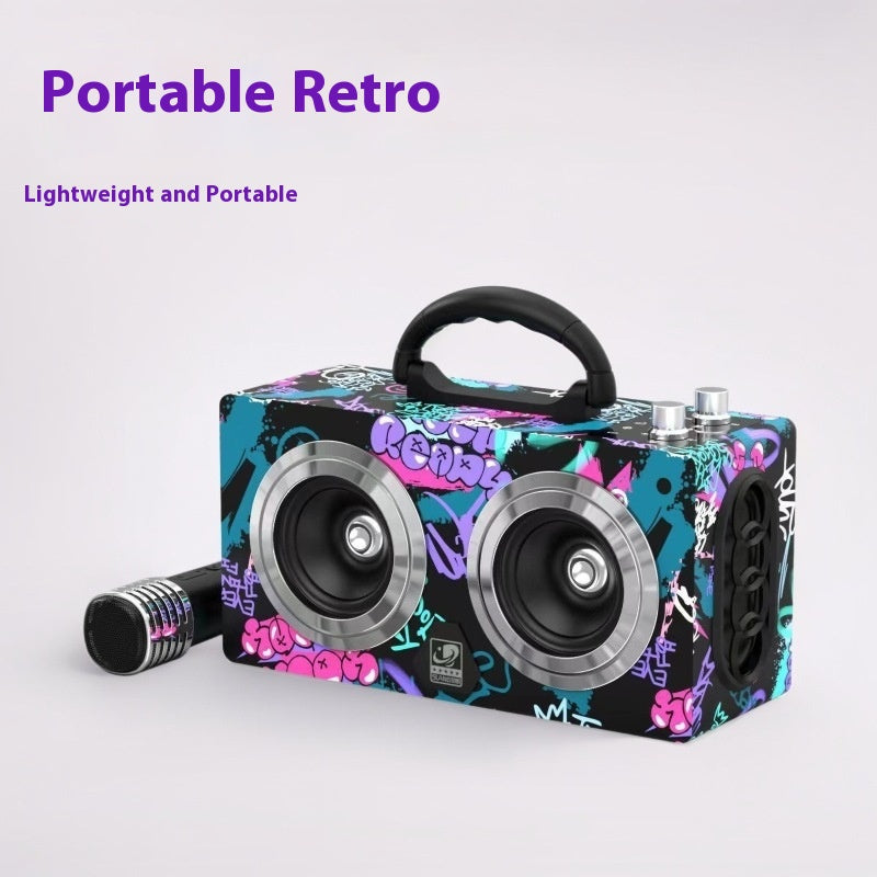 Bluetooth Speaker Outdoor Portable Retro Wooden Handheld Speaker for Phone Computer Square Dance Graffiti Heavy Bass Cannon