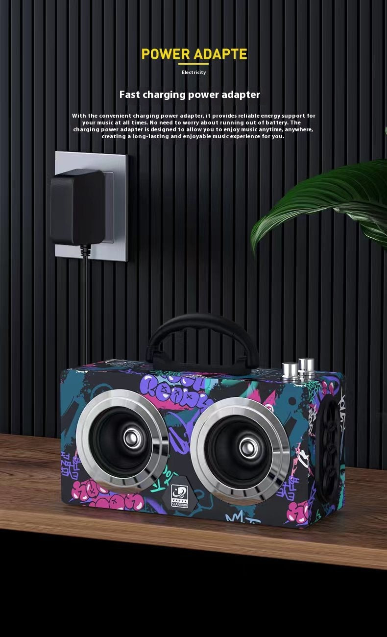 Bluetooth Speaker Outdoor Portable Retro Wooden Handheld Speaker for Phone Computer Square Dance Graffiti Heavy Bass Cannon