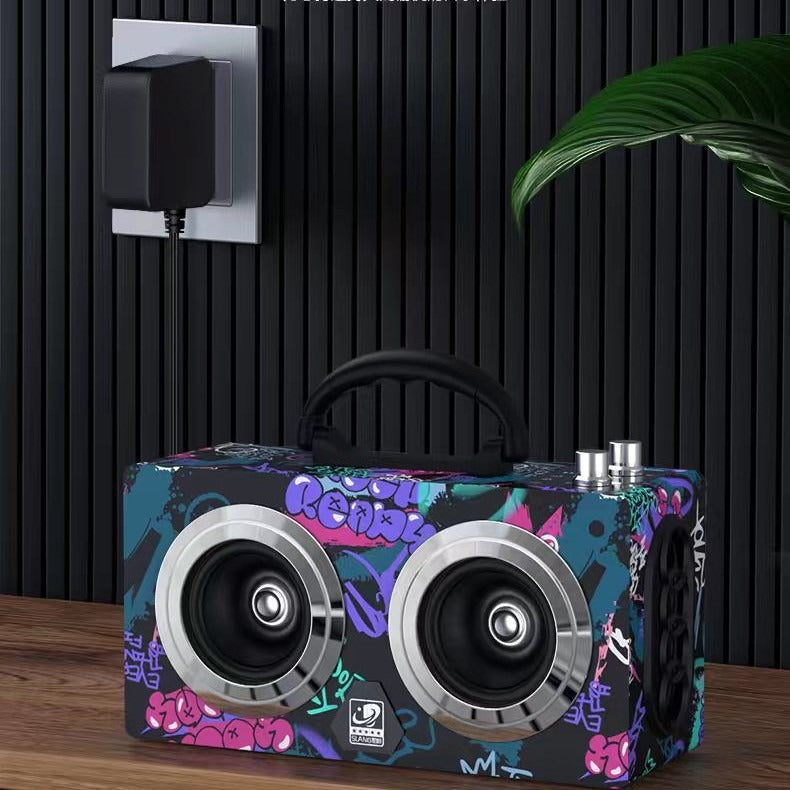 Bluetooth Speaker Outdoor Portable Retro Wooden Handheld Speaker for Phone Computer Square Dance Graffiti Heavy Bass Cannon