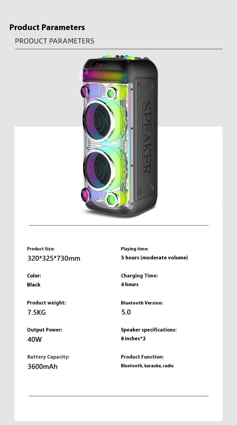 New Double 8inch Transparent Mecha High-Power Bluetooth Speaker Large Volume Bluetooth Speaker