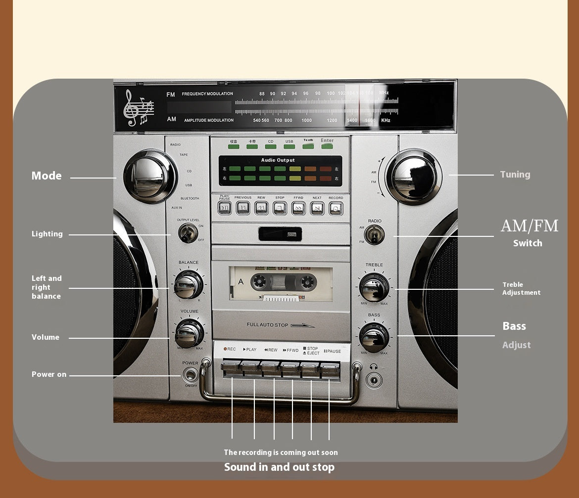 Classic European and American Rock Large Tape Recorder Radio Wireless Bluetooth Speaker Karaoke All-in-One High-Quality Sound System
