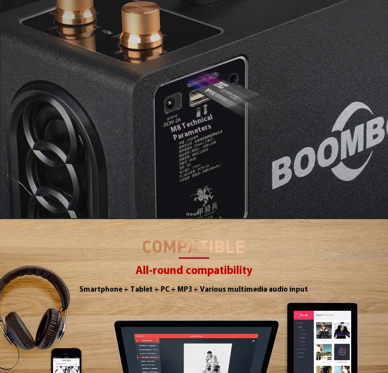 Bluetooth Speaker Outdoor Portable Retro Wooden Handheld Speaker for Phone Computer Square Dance Graffiti Heavy Bass Cannon
