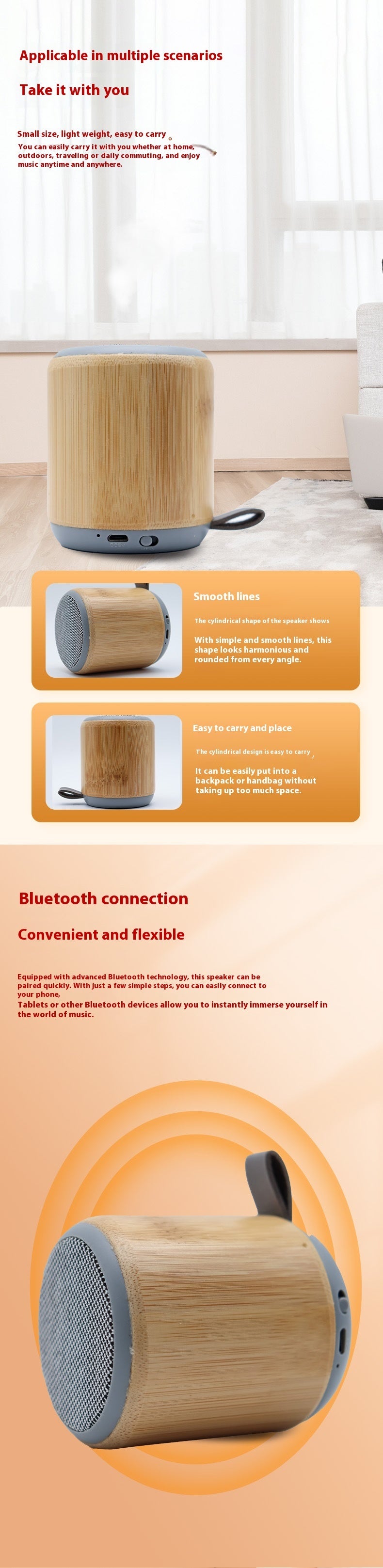 Bamboo Eco-friendly Bluetooth Speaker Desktop Mini Portable Bluetooth Speaker with Carabiner Gift Small Speaker
