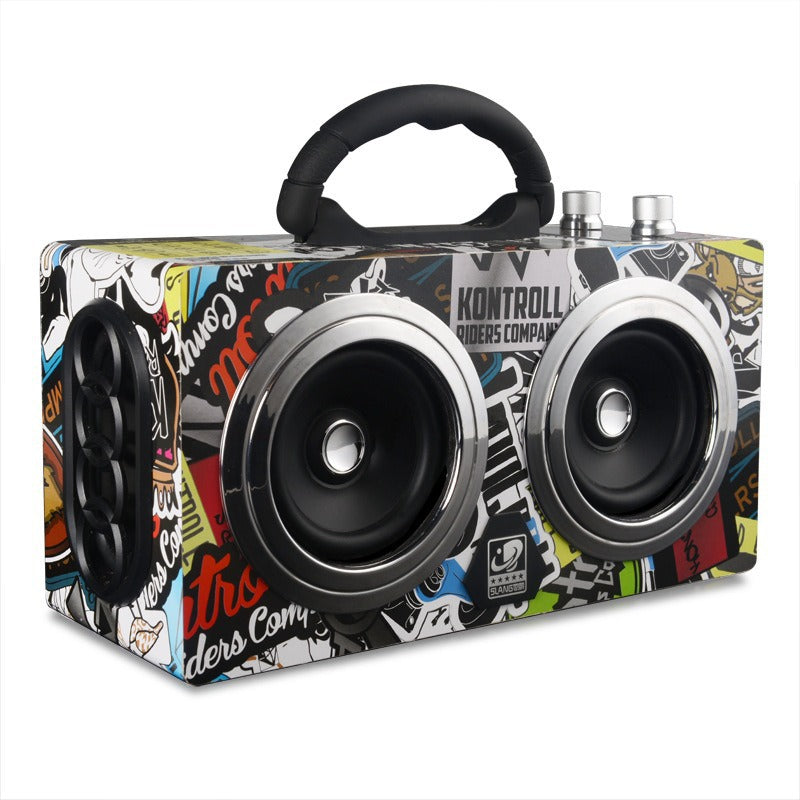 Bluetooth Speaker Outdoor Portable Retro Wooden Handheld Speaker for Phone Computer Square Dance Graffiti Heavy Bass Cannon