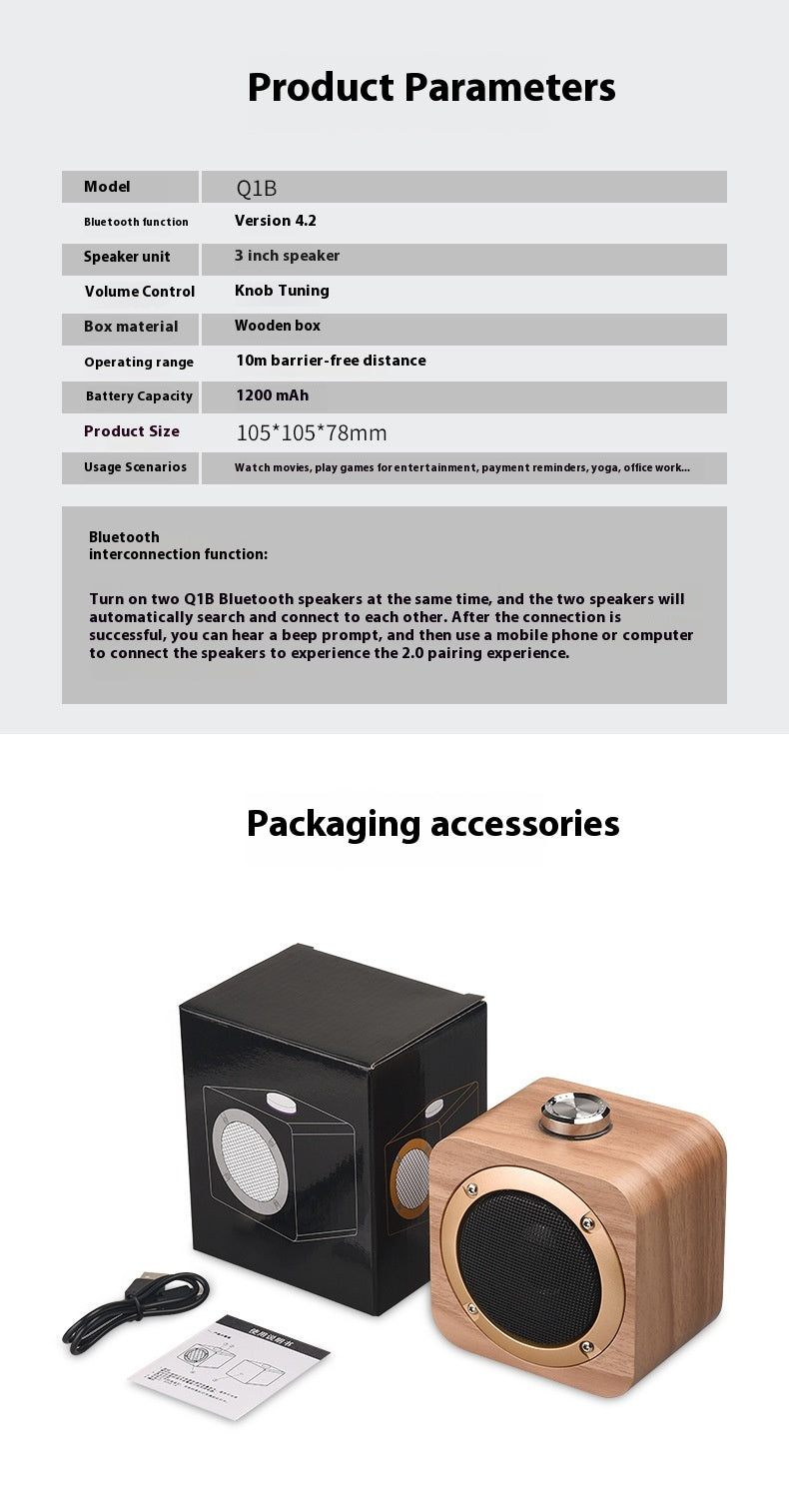 Q1B Wooden Retro Bluetooth Speaker Square Audio Desktop Wooden Wireless Subwoofer TWS New Gift