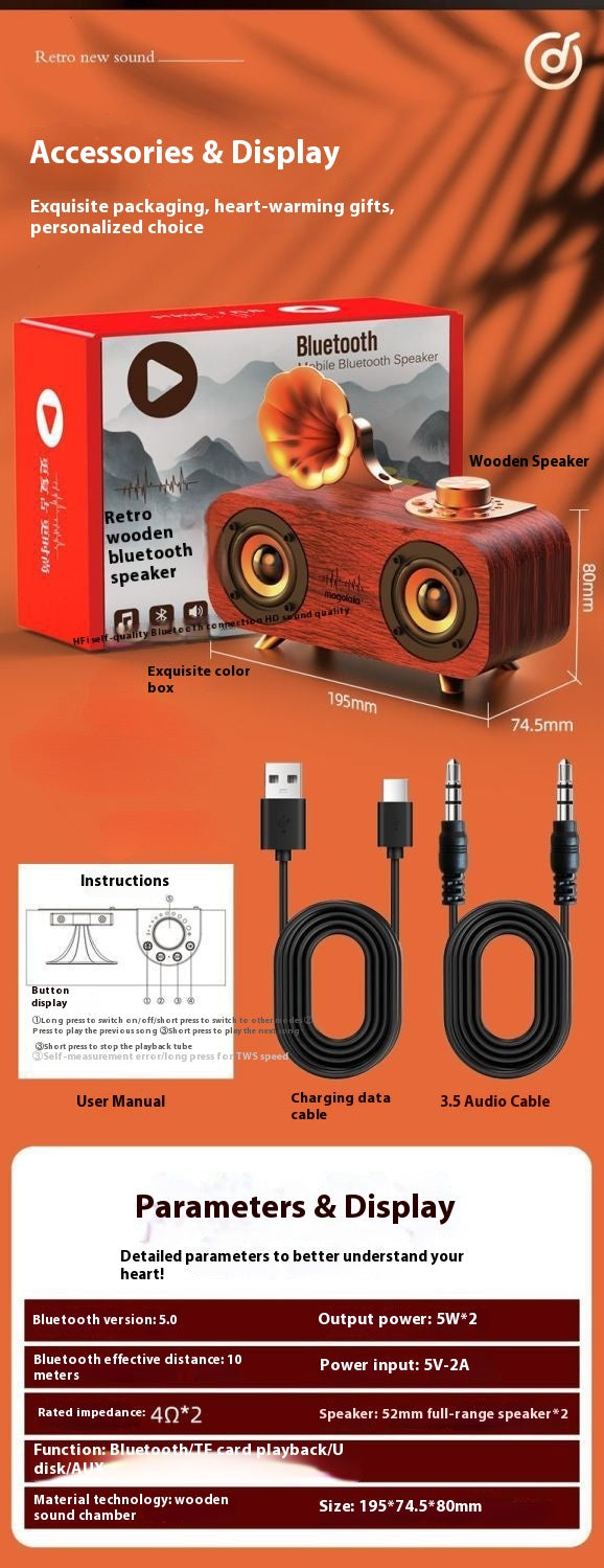 Nostalgic Retro Style Bluetooth Speaker Wooden Subwoofer High Volume Mini Wireless Speaker for Home Bedroom Desktop