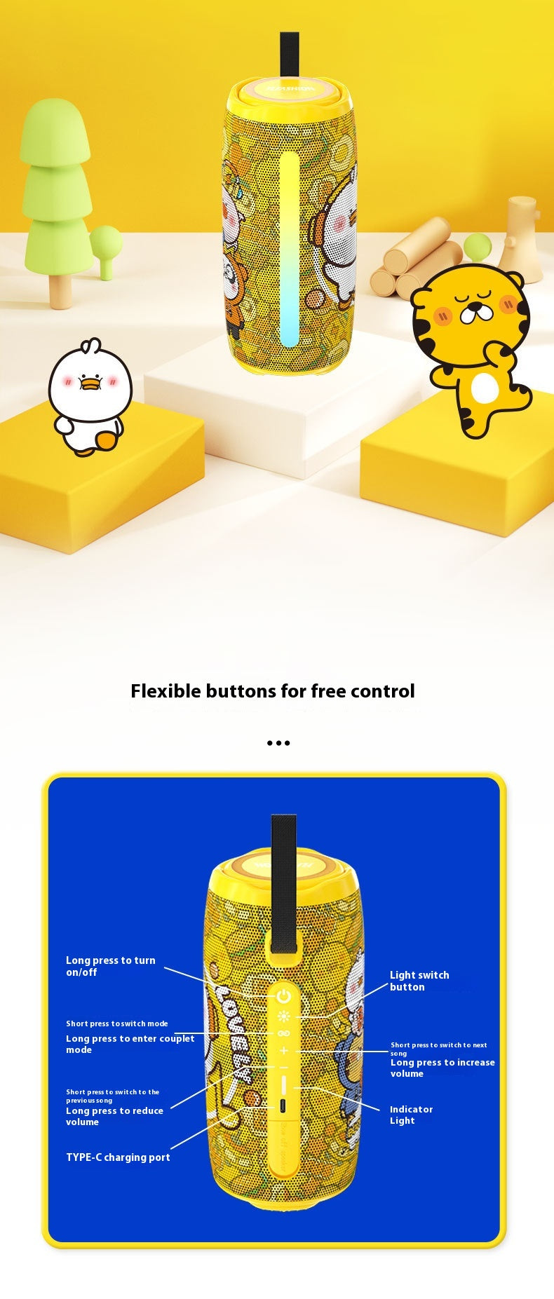 Cartoon Bluetooth Speaker Outdoor Camping Portable Subwoofer Bluetooth Speaker with Light and Deep Bass